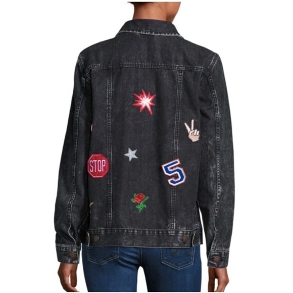 Graphic Appliqued Black Denim Jacket XS - Picture 1 of 6